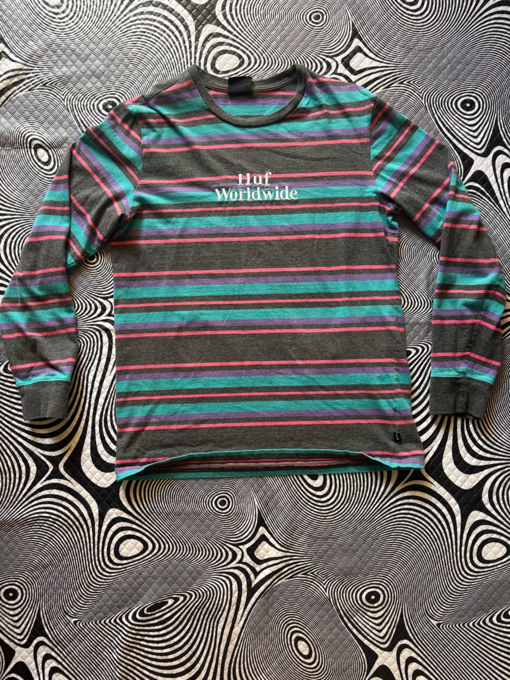 HUF Striped Crewneck Tee - Charcoal with Teal & Magenta Stripes